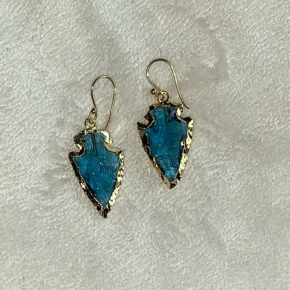 Arrowhead earrings clear blue textured jewel glass gold framed pierced new - Picture 8 of 12